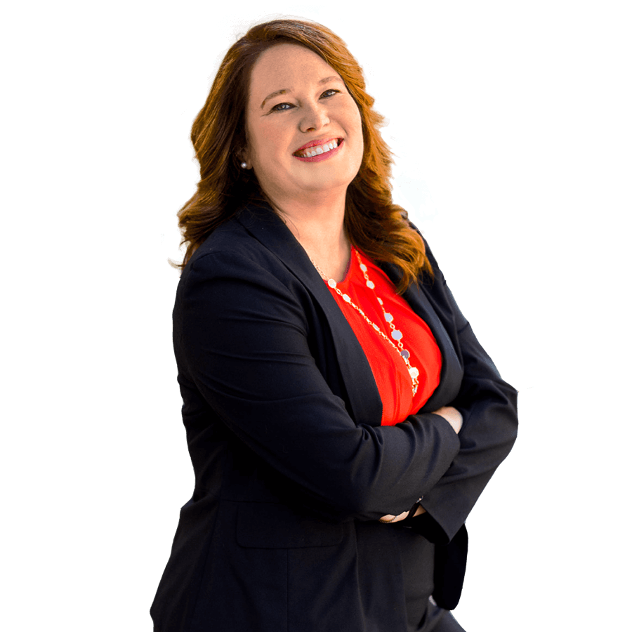 Kate Franke, a personal injury lawyer practicing in the state of Indiana, smiling and wearing a black blazer and orange blouse